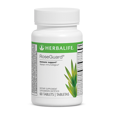 RoseGuard® dietary supplement bottle with 60 tablets for immune support and antioxidant benefits.