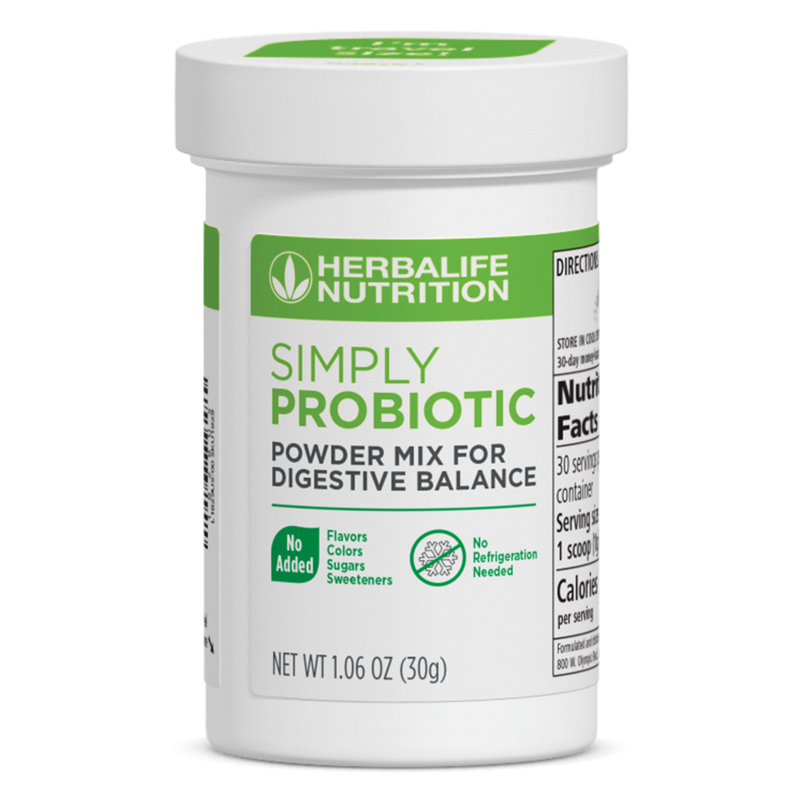Herbalife® Simply Probiotic powder mix for digestive balance, 1.06 oz container with no added flavors or sugars.